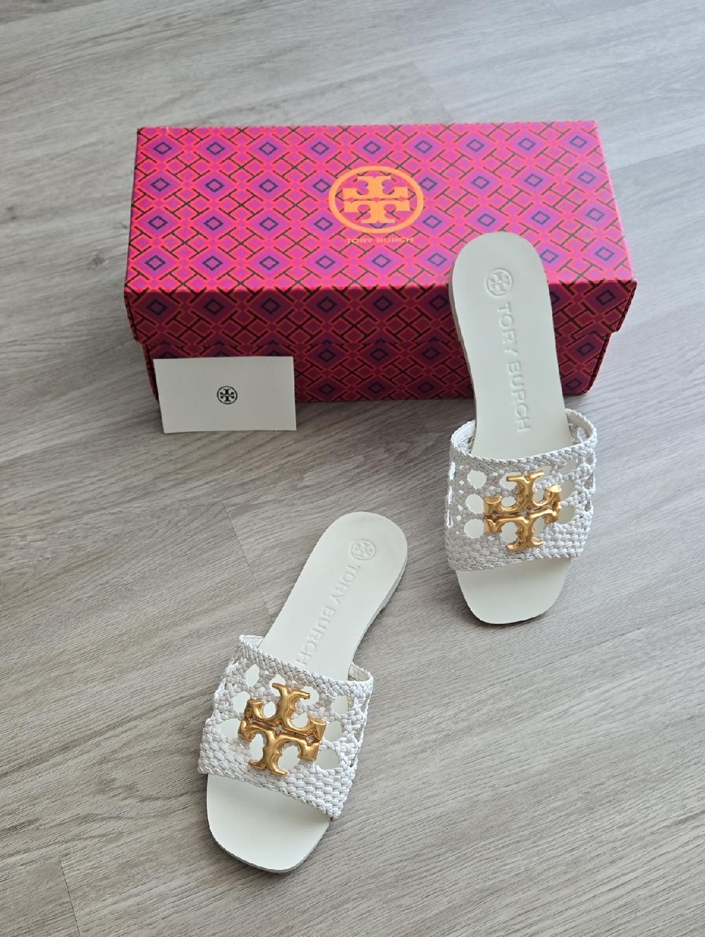 Tory Burch Eleanor Woven Ivory Leather Slide Sandals with Gold Logo, Size 5
